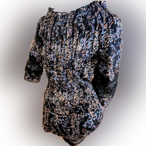 Silky Black Floral Dress, Lace Detail, On/Off Shoulder, 3/4 Sleeves, Sz Med, EUC - Picture 5 of 12